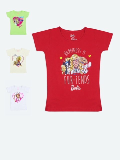 

Barbie Girls Red, Peach, White & Lime Green Pack of 4 Printed Applique T-shirt