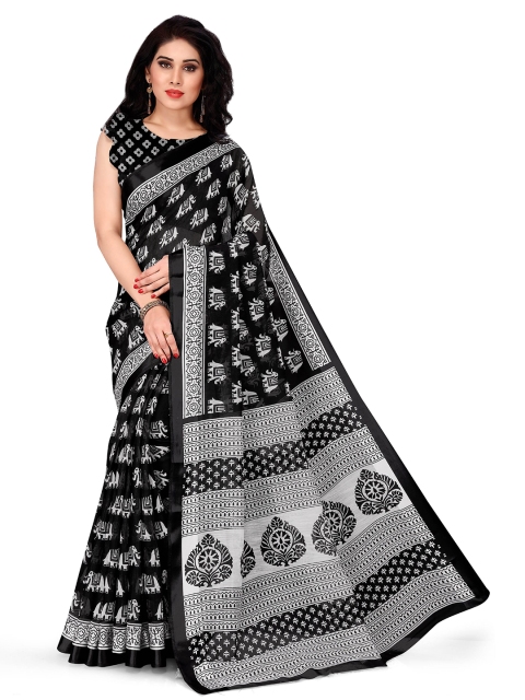 KALINI Black & White Ethnic Motifs Poly Cotton Saree