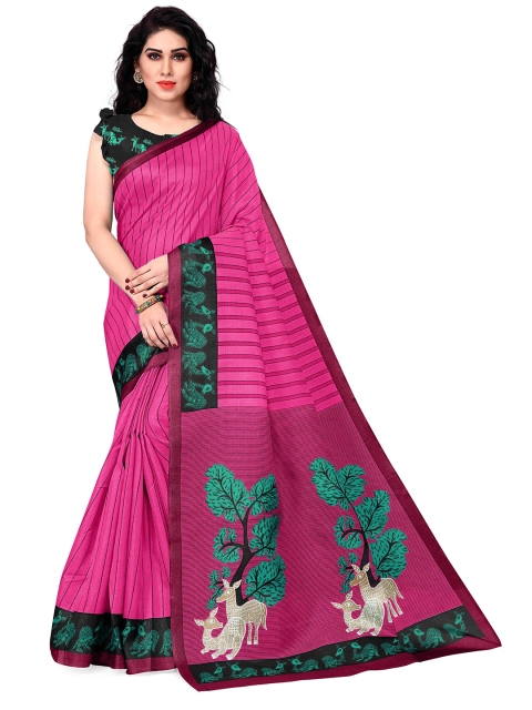 

KALINI Pink & Green Striped Art Silk Saree