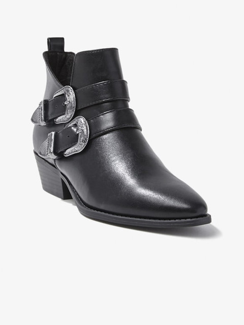 

FOREVER 21 Women Black Leather Heeled Boots