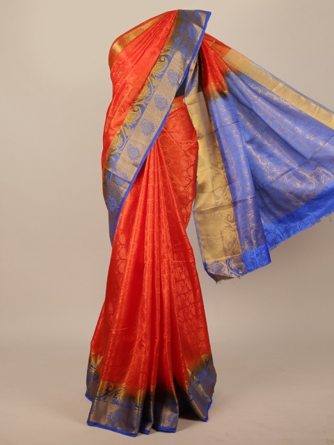 

Pothys Orange & Blue Ethnic Motifs Zari Jute Silk Saree