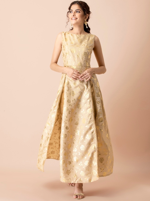 

INDYA Women Beige Gold-toned Floral Print A-line Front Double Slit Kurta
