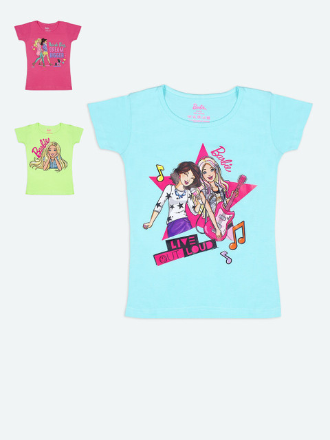 

Barbie Girls Pack Of 3 Barbie Printed Pure Cotton T-shirt, Blue