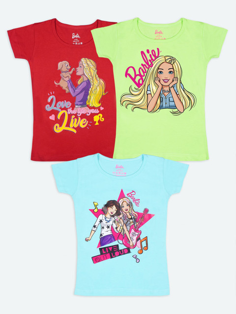 

Barbie Girls Pack Of 3 Red Lime Green Sea Blue Barbie Printed Pure Cotton T-shirts