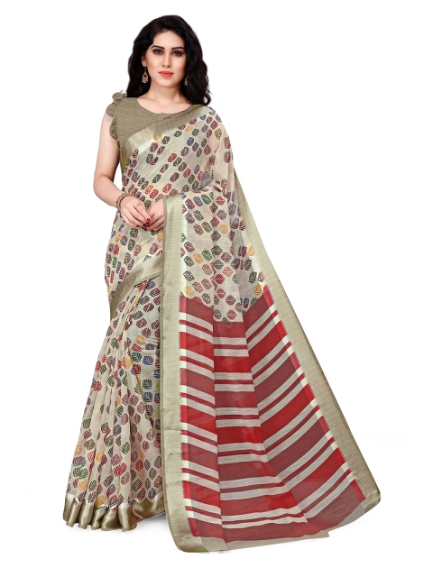 

KALINI Beige & Red Leaves Printed Poly Cotton Saree