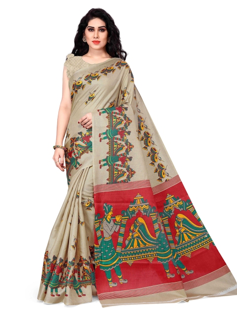 

KALINI Beige & Red Ethnic Motifs Art Silk Baluchari Saree