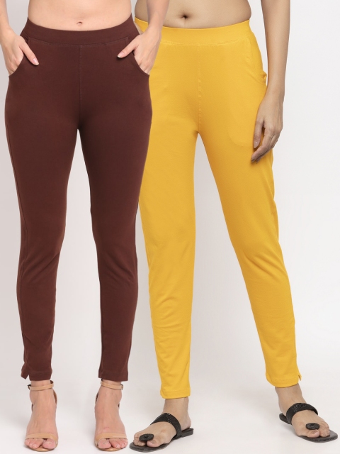 

NEUDIS Women Pack Of 2 Solid Straight-Fit Ankle-Length Leggings, Brown