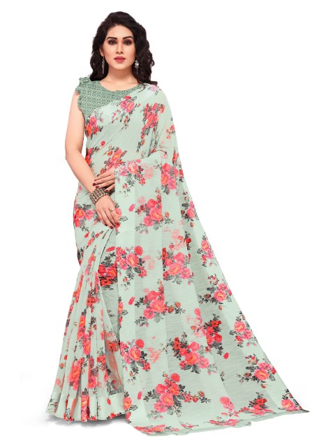 

KALINI Sea Green & Pink Floral Poly Cotton Saree