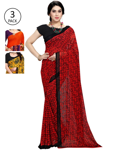 

KALINI Pack of 3 Red & Orange Floral Saree