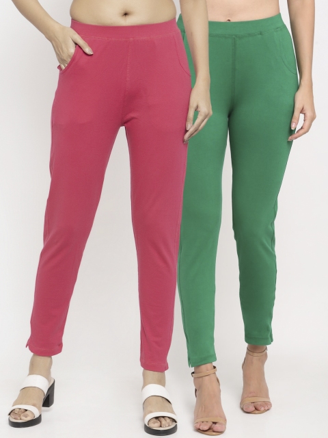 

NEUDIS Women Pack Of 2 Solid Ankle-Length Straight-Fit Leggings, Green