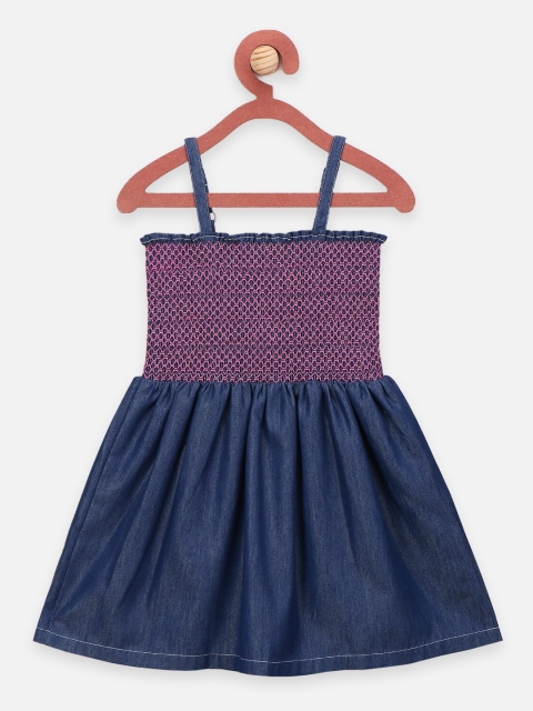 

LilPicks Purple & Navy Blue Smocking Denim Fit & Flare Dress