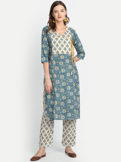 

Anubhutee Women Blue Printed Angrakha Pure Cotton Kurta with Trousers