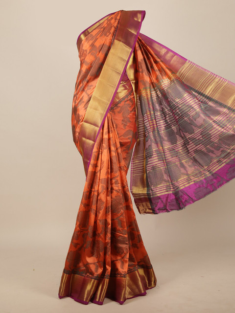 

Pothys Orange & Magenta Floral Zari Jute Silk Saree