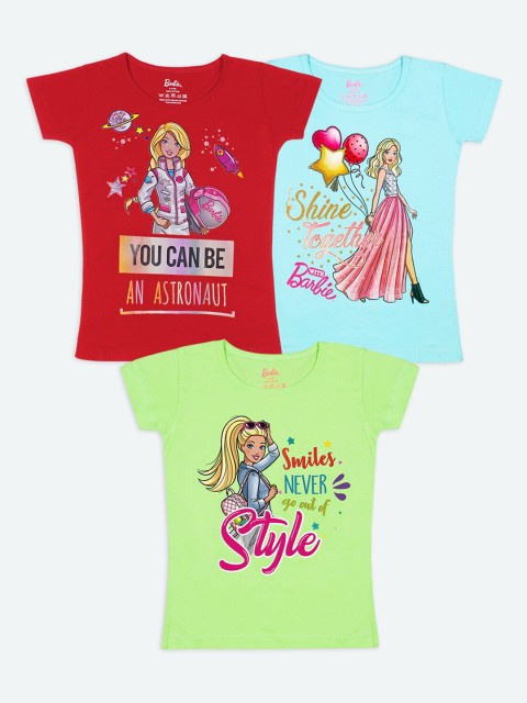 

Barbie Girls Pack Of 3 Pure Cotton Barbie Printed Pure Cotton T-shirts, Red
