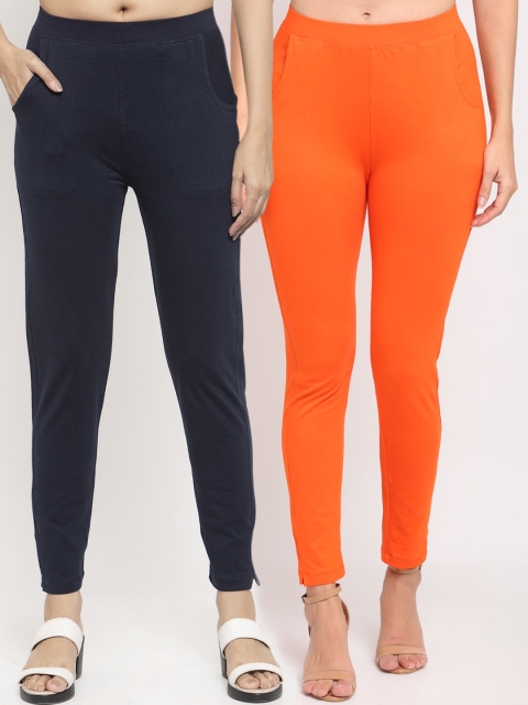 

NEUDIS Women Pack Of 2 Solid Ankle-Length Straight-Fit Leggings, Orange