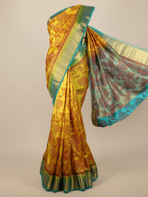 

Pothys Yellow & Brown Floral Jute Silk Saree
