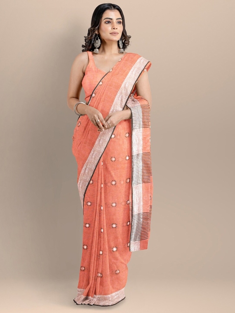 

BharatSthali Peach-Coloured & White Woven Design Pure Linen Jamdani Saree