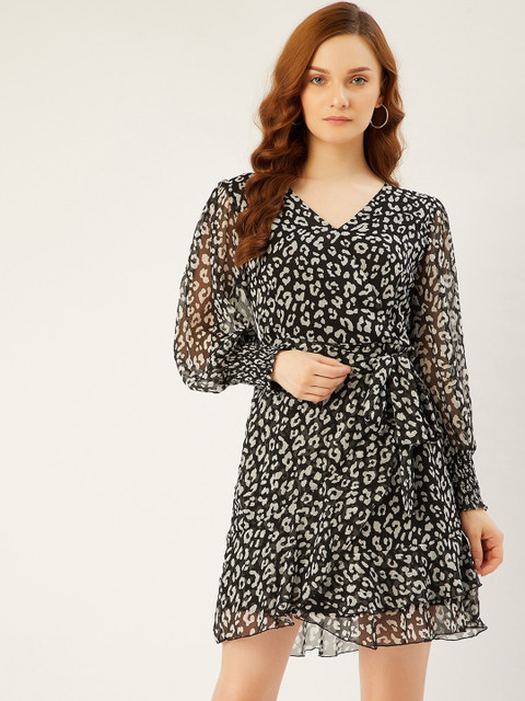 

ANVI Be Yourself Black & White Animal Chiffon Wrap Dress With Belt