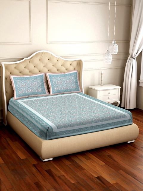 

BELLA CASA White & Blue Ethnic Motifs 350 TC King Bedsheet with 2 Pillow Covers