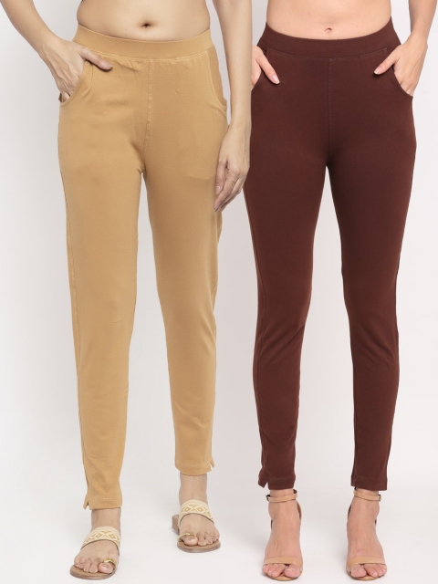 

NEUDIS Women Pack Of 2 Solid Ankle-Length Leggings, Brown