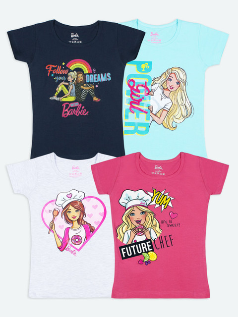 

Barbie Girls Pack Of 4 Barbie Printed Cotton Pure Cotton T-shirts, Navy blue