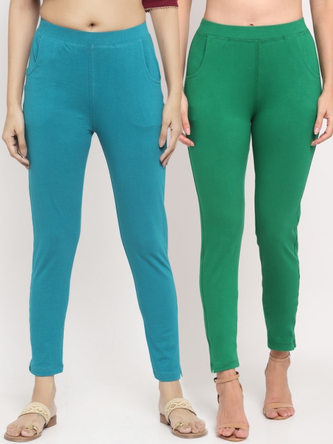 

NEUDIS Women Pack Of 2 Solid Straight-Fit Ankle-Length Leggings, Green