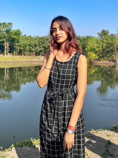 Tokyo Talkies Women Black & White Checked Basic Jumpsuit with Belt