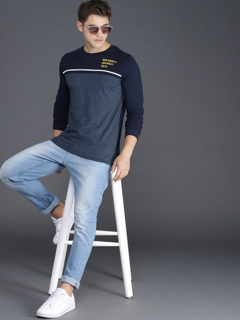 WROGN Men Blue Colourblocked Round Neck 