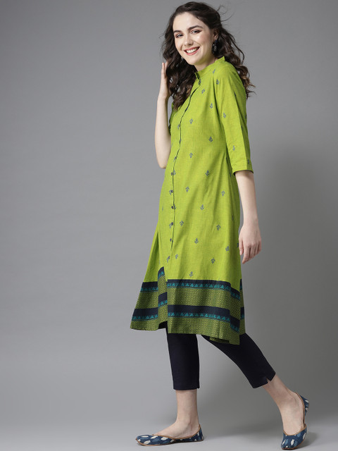 HERE&NOW Women Green & Navy Blue Woven Design A-Line Kurta - Image 3