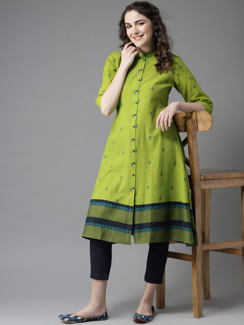 HERE&NOW Women Green & Navy Blue Woven Design A-Line Kurta