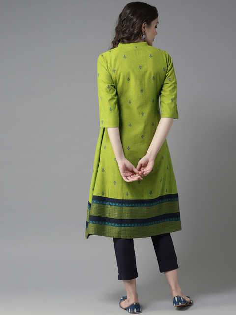 HERE&NOW Women Green & Navy Blue Woven Design A-Line Kurta - Image 4