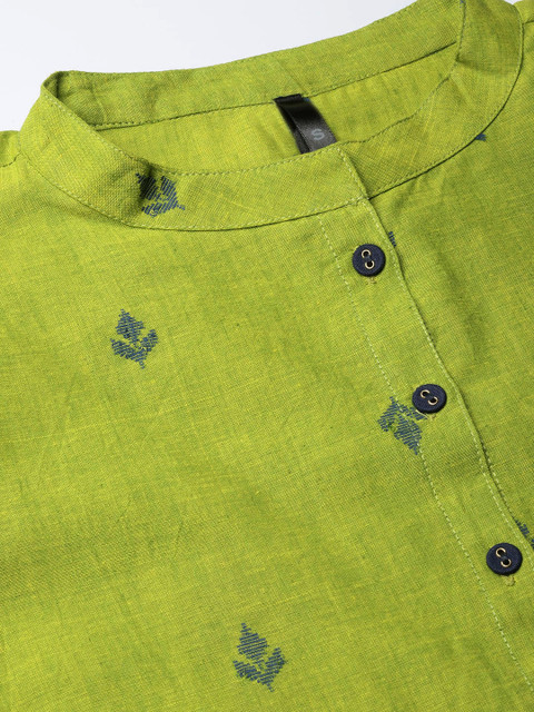 HERE&NOW Women Green & Navy Blue Woven Design A-Line Kurta - Image 2