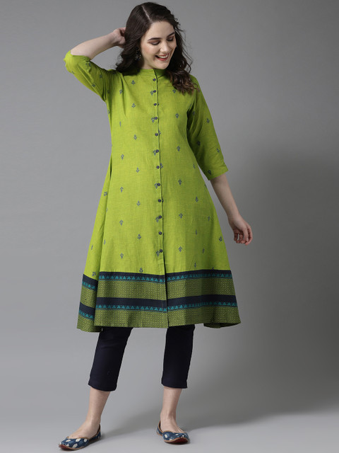 HERE&NOW Women Green & Navy Blue Woven Design A-Line Kurta - Image 5