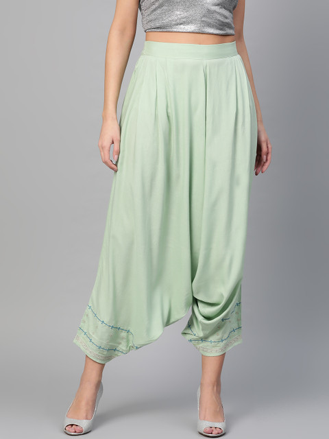 W Women Navy Green & Golden Solid Patiala Salwar