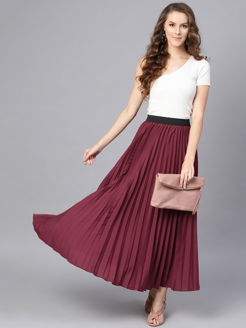 SASSAFRAS Women Burgundy Accordian Pleat Maxi Flared Skirt