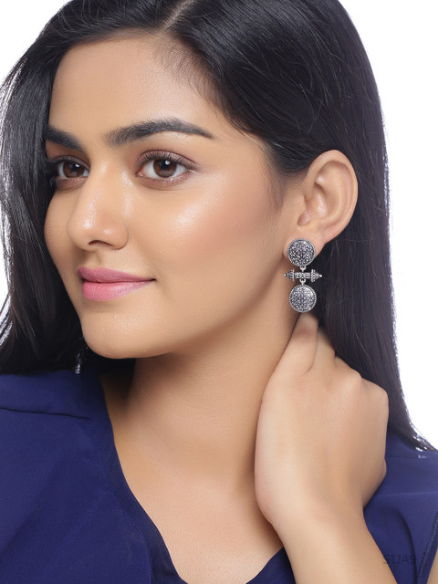 Voylla Silver-Plated Classic Oxidised Drop Earrings - Image 4