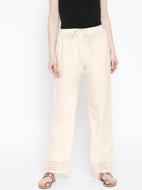 Vastraa Women Off-White Solid Straight Ethnic Embroidery Lace Pure Cotton Palazzo