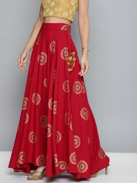 HERE&NOW Women Red & Golden Printed Flared Maxi Skirt