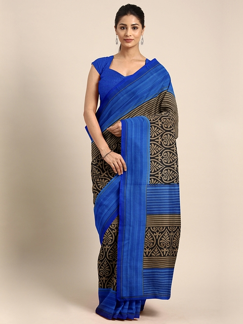Pavechas Blue & Black Cotton Blend Printed Mangalagiri Saree