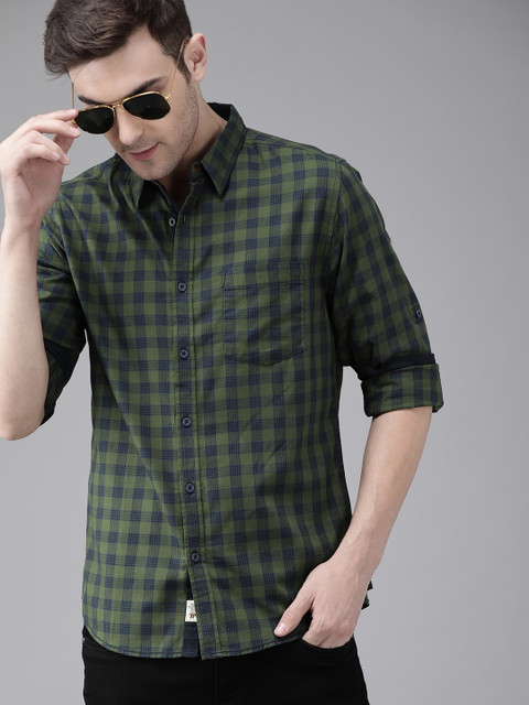 Roadster Men Olive Green & Navy Blue Checked Pure Cotton Casual Shirt
