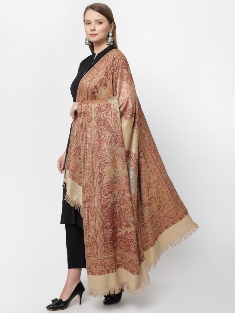 WEAVERS VILLA Women Beige & Maroon Woven Design Shawl - Image 4