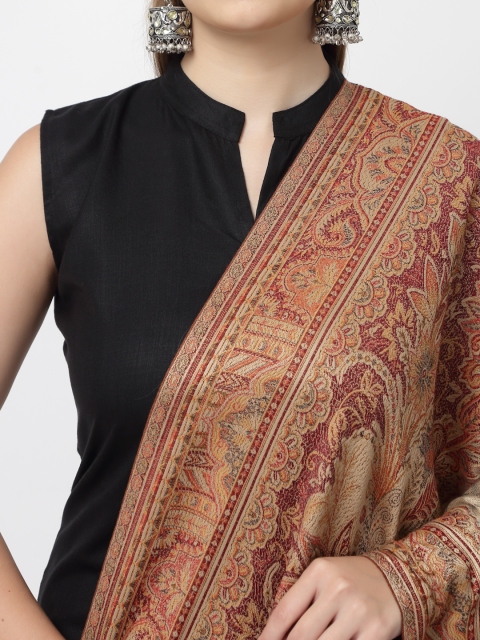 WEAVERS VILLA Women Beige & Maroon Woven Design Shawl - Image 2