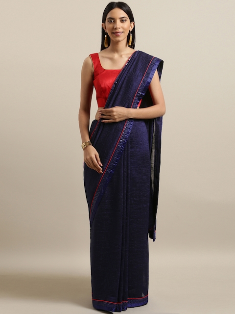 The Chennai Silks Classicate Navy Blue Solid Silk Blend Saree