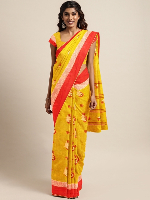 The Chennai Silks Classicate Yellow & Red Pure Cotton Embroidered Taant Saree