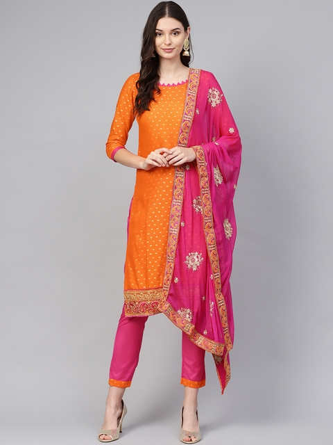 Ishin Women Orange & Pink Woven Design Unstitched Dress Material