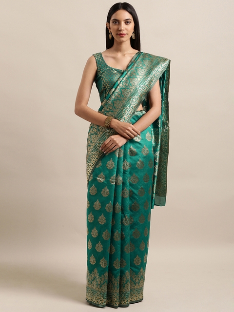 Satrani Teal Green & Gold-Toned Silk Blend Woven Design Banarasi Saree