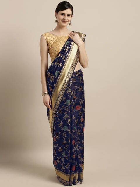Satrani Navy Blue & Gold-Toned Silk Blend Woven Design Banarasi Saree