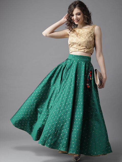 HERE&NOW Women Green & Golden Woven Design Maxi Flared Skirt