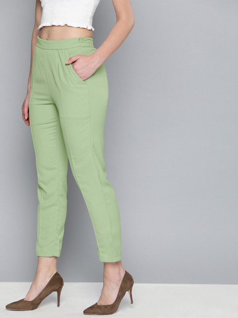 HERE&NOW Women Green Regular Fit Solid Cropped Cigarette Trousers
