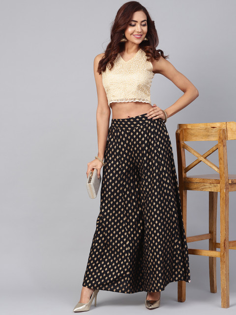 Juniper Women Black & Gold-Toned Printed Flared Palazzos - Image 4